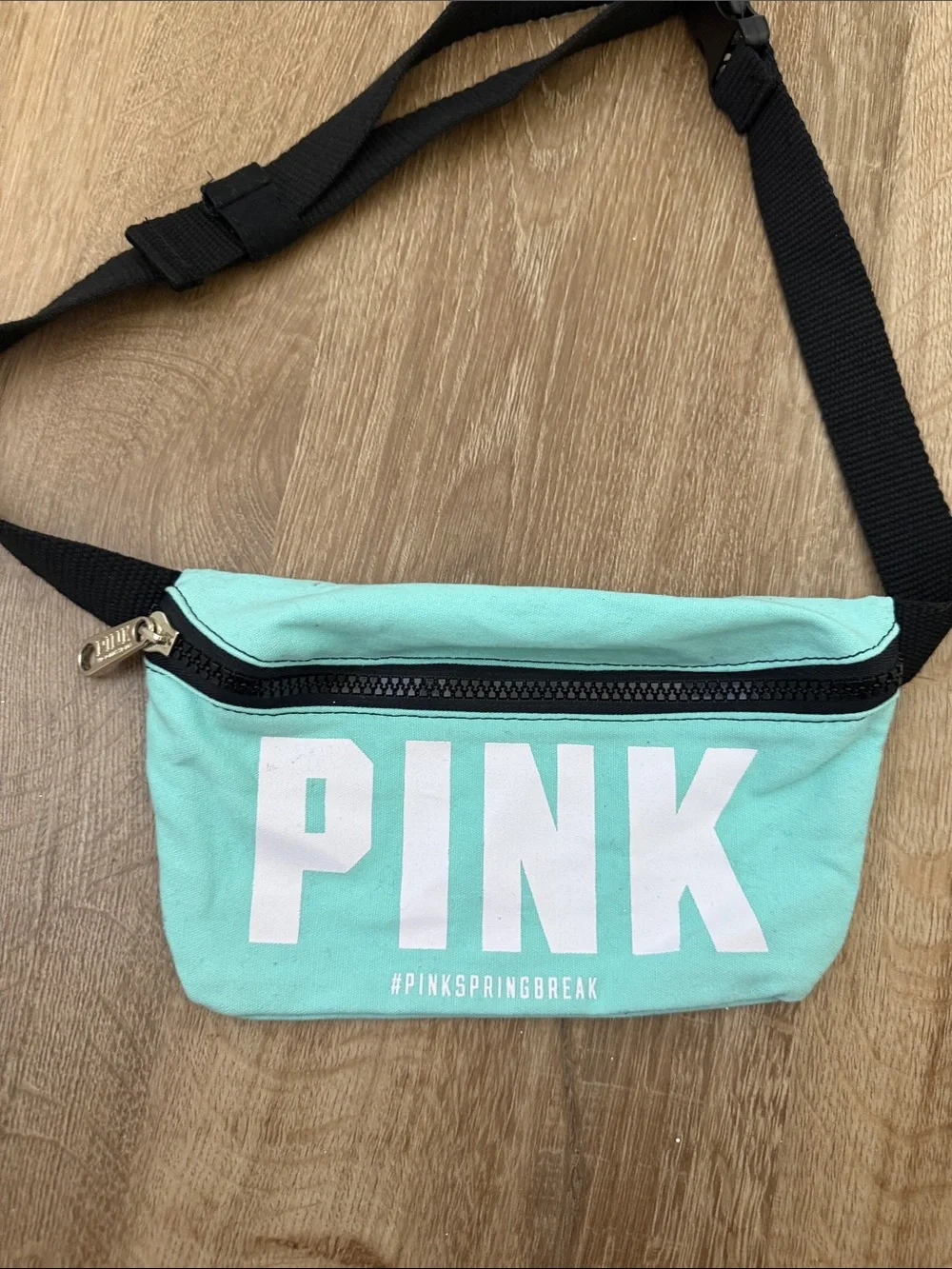 PINK Victoria's Secret Mint Canvas Crossbody Bag with Black Strap